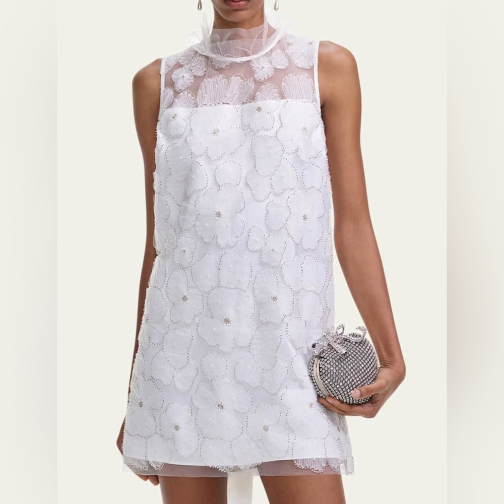 Self Portrait Embellished Tulle Satin Bow Mini Dress White Women’s Sz 2 - Picture 3 of 14